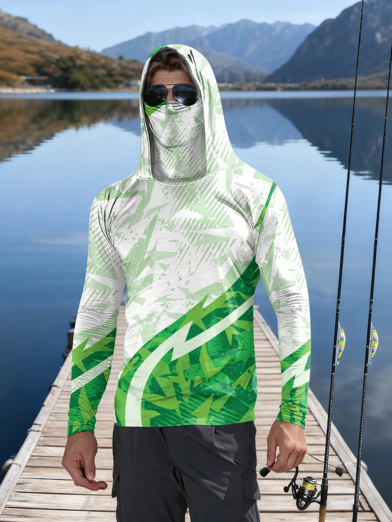 Mens Fishing Shirt Hooded UPF  - Fishing Mask Sun Protection ulasan dan harga