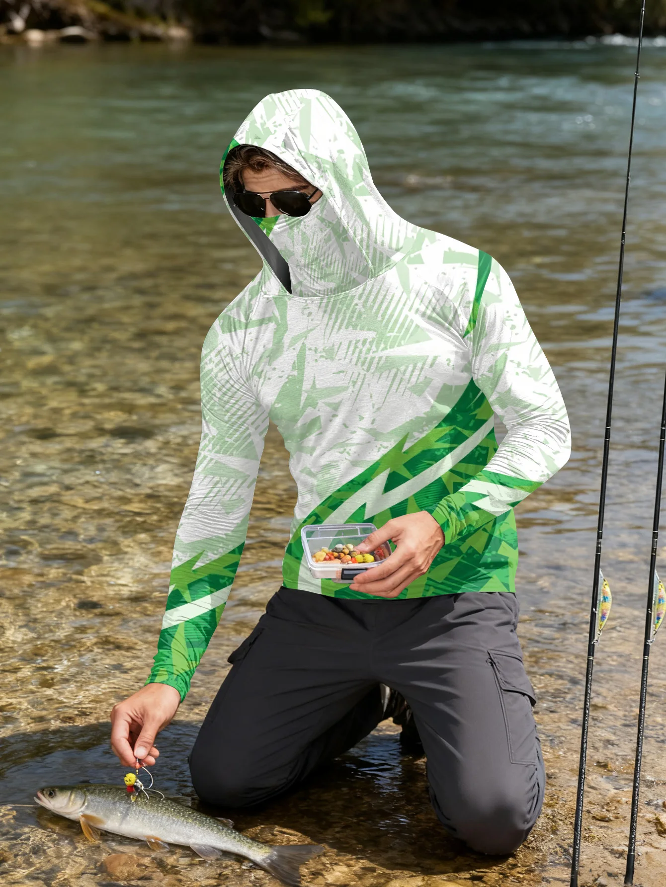 Mens Fishing Shirt Hooded UPF  - Fishing Mask Sun Protection ulasan dan harga