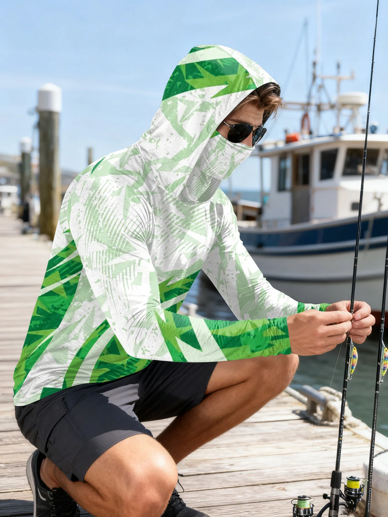 Mens Fishing Shirt Hooded UPF  - Fishing Mask Sun Protection ulasan dan harga