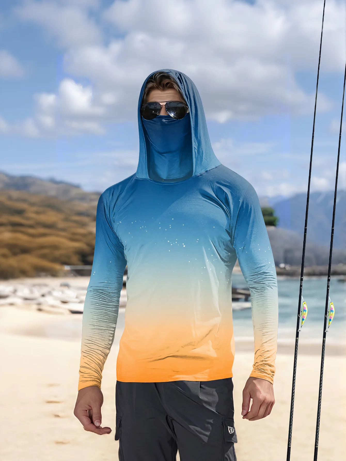 Mens Fishing Shirt Hooded UPF  - Fishing Mask Sun Protection ulasan dan harga