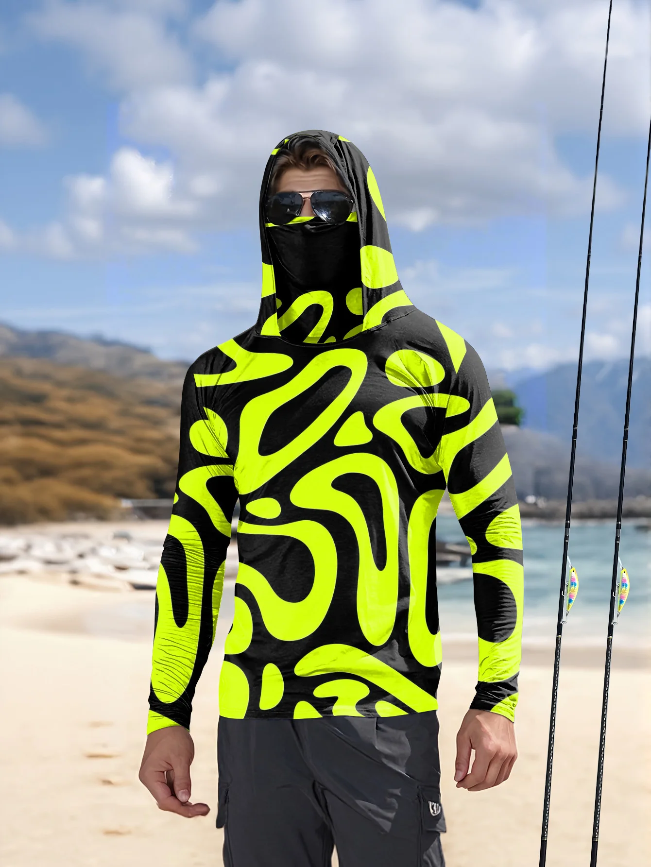 Men's Neon Green Abstract Prin - Fishing Mask Sun Protection ulasan dan harga